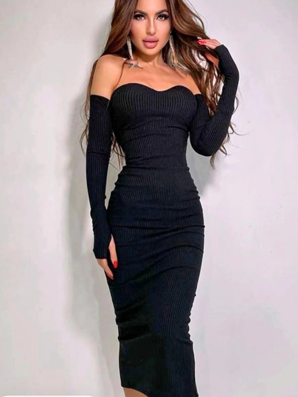 Black Off-Shoulder Ribbed Midi Dress Like New